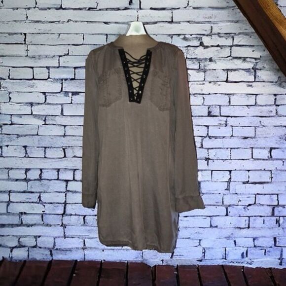 Express Dress Mini Shirtdress Tunic Lace-Up Deep V Eco Friendly Goth Size Small - Picture 3 of 16